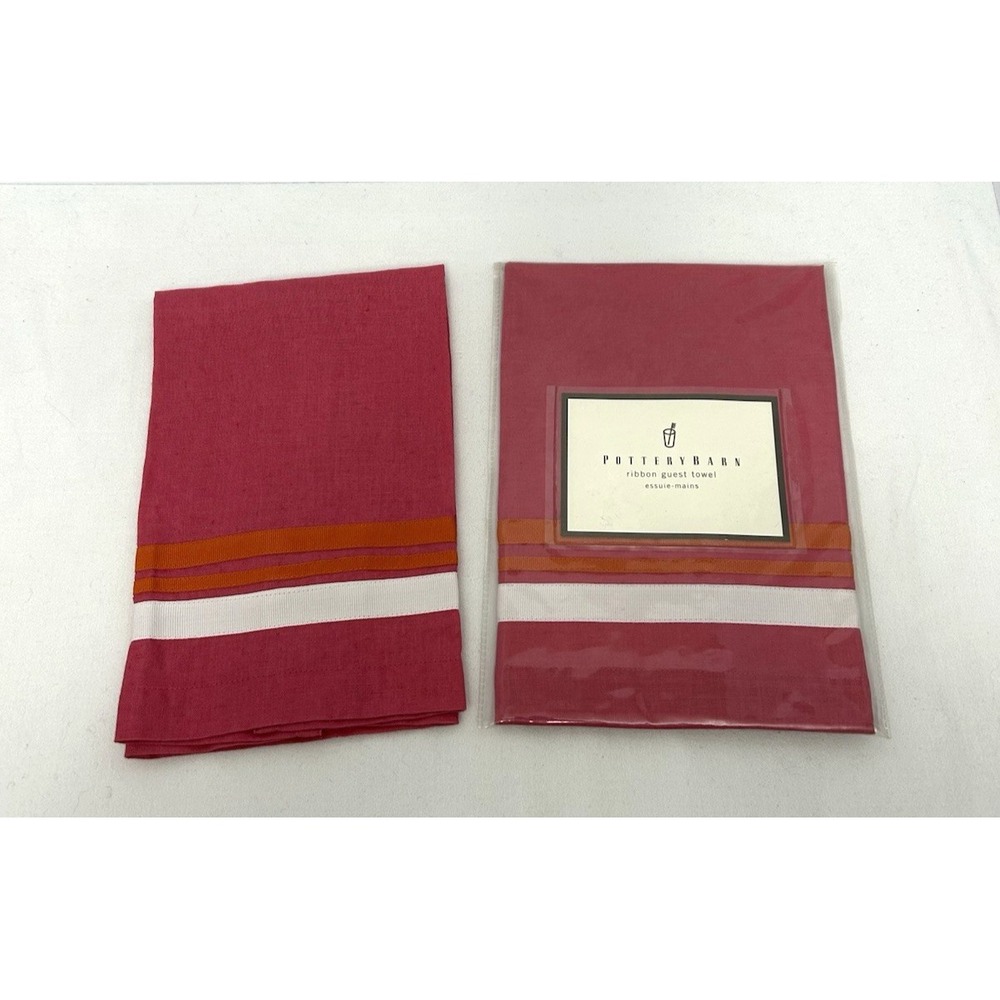Pottery Barn Pink Ribbon Guest Towel 100% Linen Lot of 2 Colorful Preppy